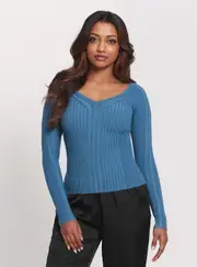 GUESS Women's Blue Allie Long Sleeve Knit Top Size: Small, Polyester