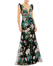 Mac Duggal Embroidered Floral Plunge Neck Trumpet Gown