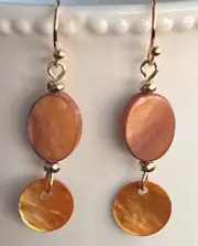 Etched Gold and Rusty Orange Shell Dangle Earrings. Beach.
