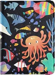 [Amooorous] Cartoon Cute Colorful Underwater World Blue Whale Leather decorative passport book holder Vaccine Case Protector Cover Passport Holder Ultra Slim, Cartoon cute colorful underwater world blue whale, 1