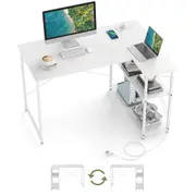 Costway L-Shaped Corner Computer Desk w/Reversible Adjustable Storage Shelves & Power Outlet for Office Gaming White