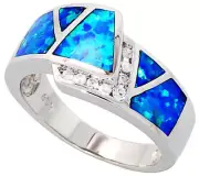 Women Sterling Silver Rhodium Plated, Opal Inlay Band CZ stone Accents 11mm