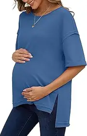 [RUBZOOF] Women's Maternity Shirts Short Sleeve Pregnancy Tops Side Split Casual T Shirts Tunic Mama Clothes, 12-navy Blue, Small