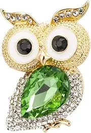 [Knighthood] Men's Gold And White Stone Detailing Lucky Owl With Green Semi Precious Stone Brooch (Green,White) (KN-NWLT-BR-09)