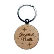 Joyeux Noel Merry Christmas French Starburst Engraved Wood Round Keychain