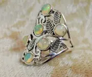 * 6-STONE FANCY ETHIOPIAN OPAL RING * in .925 Sterling Silver, Size 5.5