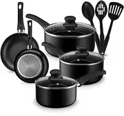 [AHEIM] Pots and Pans Set, Aluminum Nonstick Cookware Set, Fry Pans, Casserole with Lid, Sauce Pan, and Utensils, 11 Piece Cooking Set (Black)