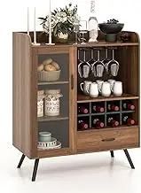 Giantex Buffet Sideboard, Wine Cabinet with Removable Wine Rack, Drawer, Shelves, Tempered Glass Door & Glass Holder, Wooden Wine Storage Sideboard for Kitchen Dining Room Living Room