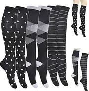 [ESOMAVRIX] Warm Knee High Socks for Women 3 Pair Dotted, Striped & Rhombic Black Thigh High Socks Breathable Absorbent Long Socks Chinlon 360° Compression Socks for Sports, L/XL/4272