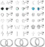 [Kakonia] 21 Pairs 316L Stainless Steel Stud Earrings for Women Girls 20G Hypoallergenic Star Moon Flower Heart Butterfly Small Flatback Earrings Stud Hoops Tragus Cartilage Earrings Piercing Jewelry