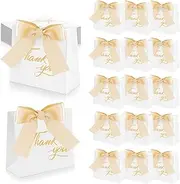 24Pcs Small Thank You Gift Bags, SHAIDOJIO Party Favor Bag Treat Box with Gold Bow Ribbon, White Mini Paper Gift Bags Bulk for Wedding, Birthday, Bridal Shower, Baby Shower (4.5x1.8x4 Inch)