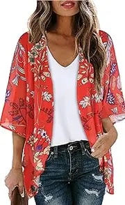 [Xptnia] Women's Floral Cardigan Coverups Bohemian Kimono Loose Cover Up Tops Beach Swimsuit Puff Sleeve Blouse Female Chiffon Summer