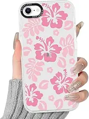 RUMDEY Clear Hibiscus Flower Case for iPhone 7/8 / SE 2020 / SE 2022 4.7", Cute Preppy Floral Pattern Aesthetic Design Soft Anti-Yellow Protective Shockproof TPU Phone Cover for Women Girls - Pink