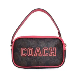 【COACH】PVC Logo貼字立體方型手提包(深咖桃邊/小款)