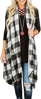 [Ivay] Womens Plaid Open Front Cardigan Sleeveless Drape Lightweight Vest Coat with Pockets
