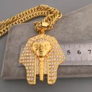 Mens Micro Pave AAA CZ Egyptian Pharaoh Pendant Cuban Link Chain Necklace #NL201