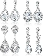 [Sanfenly] 4 Pairs Clip on Earrings for Women Crystal Teardrop Wedding Earrings Clip on Rhinestone Formal Chandelier Dangle Earrings for Brides Bridesmaids Stylish Non Pierced Jewelry