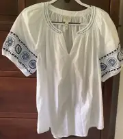 St John’s Bay Women’s Peasant Boho Top White Blue Xl NWT