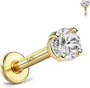 GEMQUEEN 14K Solid Gold Flat Back Earrings Hypoallergenic - 18G Cartilage Tragus Conch Helix Piercing Jewelry Extended Internal Thread Labret Lip Nose Studs for Women Men Simulated Diamond CZ 2/3/4mm
