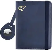 [WALNEW] Airtag Passport Holder, PU Leather RFID Blocking Passport Wallet with Airtag Holder and Zipper Pocket, Travel Accessories for Women & Men (Navy Blue)