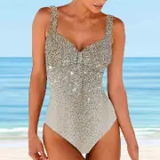 Women's Shoulder Strap Swimsuit Blue Bubble Sequins Print Bikini Tankini Swimsuit silver M
