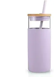 Tronco 20 oz Glass Tumbler with Lids and Straws, Glass Water Bottle Silicone Protective Sleeve, Iced Coffee Cup with Bamboo Lid, Reusable Smoothie Cup, BPA Free (Light Purple 1 Count)