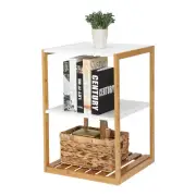 3Layers 25inch Bamboo Side Table, Square White Top Natural Wood Coffee Table End