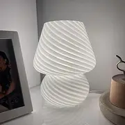 Clora Mushroom Lamp Glass Table Bedside Lamps Translucent Vintage Style Striped Night Light Home Decor (White)