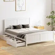 Oikiture Wooden Bed Frame Queen Size Base with Storage Drawers White