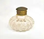 Antique Glass Inkwell with Brass Cap | Round, Thick, Clear Ink Pot, Vintage Desk