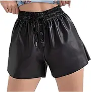 [HongYunoH] Women's Faux Leather Shorts Street Fashion Drawstring Four Seasons Wear PU Stretch Leather Pants Loose Straight Leather Pants Black M