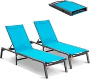 VEVOR Chaise Lounge Chairs Outdoor, Aluminum Patio Lounge Chairs with Adjustable 5-Position, Folding Pool Lounge Chairs Recliner and Full Flat Tanning Chairs for Patio, Beach, Pool, Blue, 2 pcs