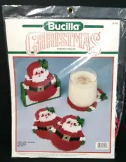 Bucilla Christmas Roly Poly Santa Coasters Set Of 7 and Holder Kit 61118 1990