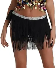[Generic] Belly Dance Hip Scarf Sexy Encryption Tassel Waist Turban Hip Towel Latin Dance Strappy Waist Chain Belly Dance Tassel Tie Skirt Belly Dance Waist Belt(Black)