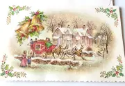 Vintage Christmas Card Glittery Victorian Winter Scene Stagecoach Houses Bells