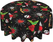Cafl Vintage Heart Skull Love Rose Round Table Cloth,Old School Tattoo Round Tablecloth 60 Inch Decorative Fabric Table Cover for Dining Table, Buffet Parties