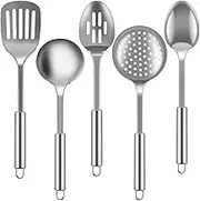 5 Pcs Stainless Steel Cooking Utensils Set,Kitchen Tools Set,Professional Cooking Spoons with Strainer Spoon/Soup Ladle/Slotted Spatula/Dense Spoon/Large Round Strainer Spoon