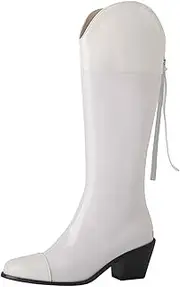 [Smilice] Women Mid Calf Cowboy Boot with Block Heel Long Western Boots with Zipper
