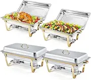 GarveeHome Chafing Dishes for Buffet 4 Pack, 8 Qt Stainless Steel Chafers and Buffet Warmers Sets with Lid, Rectangle Serving Food Warmer Catering Supplies Buffet Display for Parties, Gold