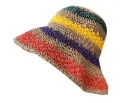 C06 Elegant Style Striped Rainbow Straw Hat Korean Female Summer Hollow Foldable Fisherman Hat Beach Sun Hat for Women