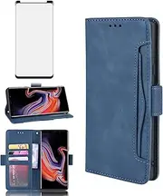 Asuwish Compatible with Samsung Galaxy Note 9 Wallet Case and Tempered Glass Screen Protector Card Holder Credit ID Slot Flip Leather Cell Accessories Phone Cover for Note9 Not S9 Women Men Blue