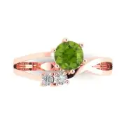 0.85 ct Round 3 stone Natural Peridot Promise Wedding Ring Real 14k Rose Gold