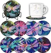 Demonwer 8 Pieces Dazzling Dragonfly Diamond Painting Coasters Kits with Holder DIY Colorful Dragonfly Diamond Art Coaster Coaster for Gifts Beginner Adults Kids Art Table Home Craft Gift Supplies