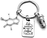 Caffeine Molecule Keychain - Science & Chemistry Gift - Coffee Cup Lover Key Ring, Diameter of Key Ring : 1.2 inches (3 cm), Zinc