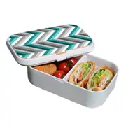 Lunch Box Food Container Picnic Authentic Wood Strap Cutlery Zigzag Blue Grey