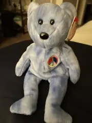 RARE 2002 TY Peace Bear Beanie Baby—“BLUE” With Tags & Number In Tush Tag