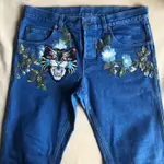 保證正品 GUCCI 藍色 貓刺繡圖騰 直筒 牛仔褲 SIZE 35 適合33-34腰