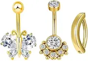 [Rnivida] Stainless Steel 14G Belly Button Ring Hypoallergenic Piercing Jewelry Set,12MM Long Bar Length,Clicker Belly Button Ring,Round CZ Navel Rings for Women