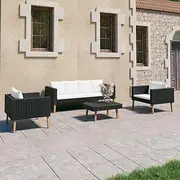 4 Piece Patio Furniture Set - Black Poly Rattan Outdoor Lounge with Cushions, 2-Seater & Single Chairs, Coffee Table, Small Porch Garden Bistro Conversation Set, Modular Design,
