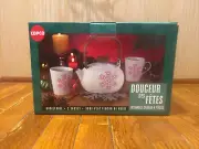 Copco Holiday TEA KETTLE Cups Trivet Nordic Snowflake Baked Enamel New Open Box